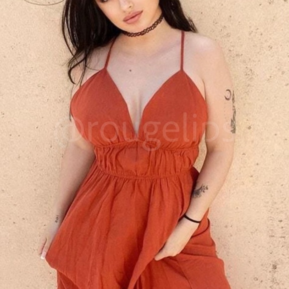 Burnt Orange Cami V-Neck Backless Criss Cross Straps Maxi Dress - Picture 8 of 12